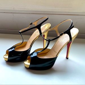 Christian Louboutin black shoes gold heel GORGEOUS